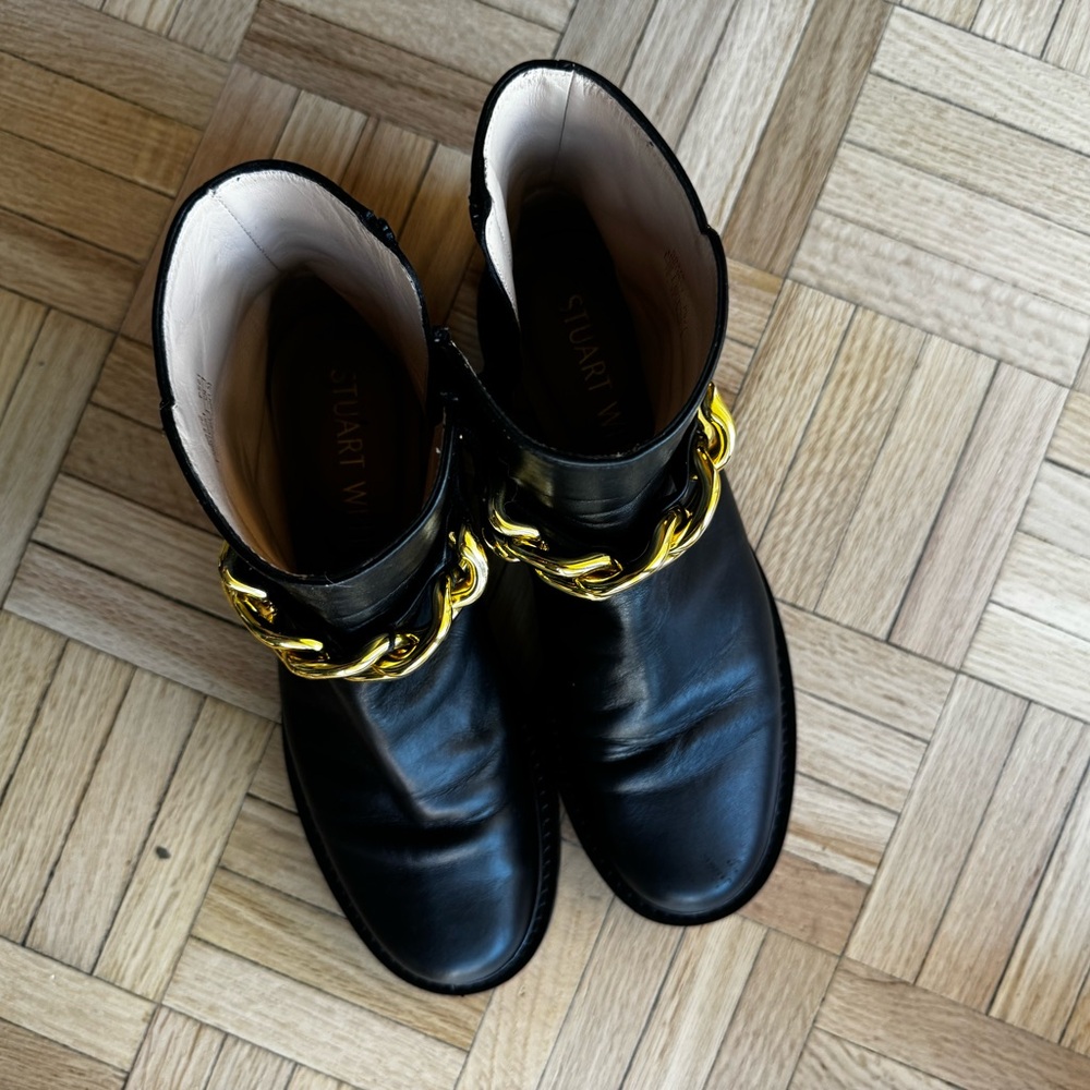 Stuart Weitzman Black Leather Gold Chain Boots Size 7 - Picture 10 of 13